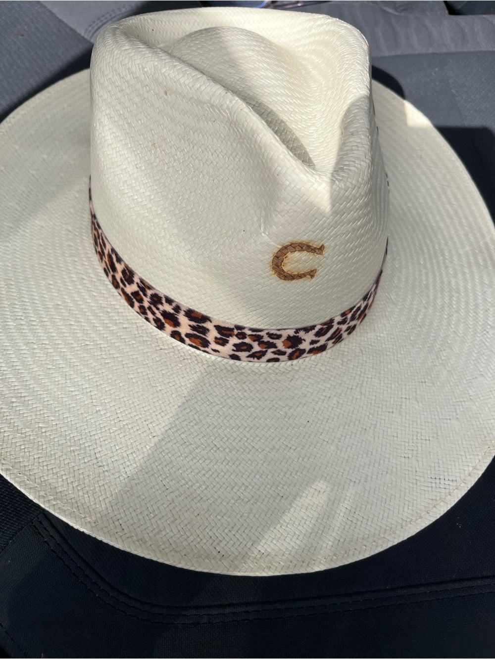 Cream Straw Fedora Hat with Leopard Accent and Embroidered C